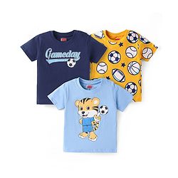 Babyhug Cotton Knit Half Sleeves T-Shirts With Sports Theme Graphics Pack Of 3 - Yellow & Navy Blue