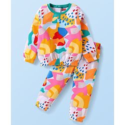 Babyhug Knit Interlock Knit Full Sleeves T-Shirt & Lounge Pants Set With Abstract Print - Yellow Orange