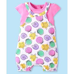 Babyhug Interlock Knit Sea Life Printed Dungaree & Half Sleeves Text Printed Top Set - White & Pink
