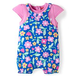 Babyhug Interlock Knit Dungaree & Cap Sleeves T-Shirt With Floral Print - Blue & Pink