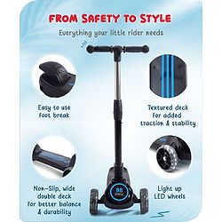 Babyhug 3 Wheel Blue & Black Foldable Kids Scooter With LED Wheels & Music|4 Level Adjustable|Non-Slip Wide Deck| 50 Kg Capacity| Lean to Steer Mechanism| Foot Brake| Easy Fold Design | No Assembly