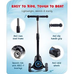 Babyhug 3 Wheel Blue & Black Foldable Kids Scooter With LED Wheels & Music|4 Level Adjustable|Non-Slip Wide Deck| 50 Kg Capacity| Lean to Steer Mechanism| Foot Brake| Easy Fold Design | No Assembly
