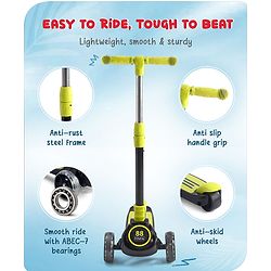 Babyhug 3 Wheel Yellow & Black Foldable Kids Scooter With LED Wheels & Music|4 Level Adjustable|Non-Slip Wide Deck| 50 Kg Capacity| Lean to Steer Mechanism| Foot Brake| Easy Fold Design | No Assembly