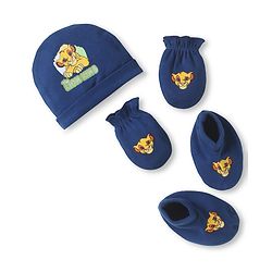 Babyhug Disney Interlock Knit Caps Mittens & Booties with Simba Graphics - Navy Blue