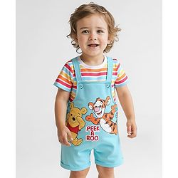 Babyhug Disney Single Jersey Knit Dungaree & Half Sleeves Striped T-Shirt with Winnie & Friends Graphic - Light Blue