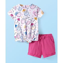 Babyhug Single Jersey Knit Half Sleeves Top & Shorts Set With Drinks Print & Bow Applique - White & Pink