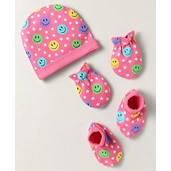 Babyhug Interlock Knit Cap Mittens & Booties With Smiley Print Pink - Diameter 9 cm