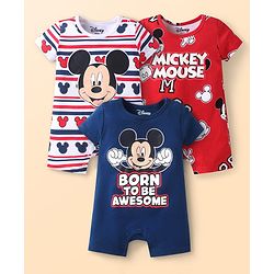 Babyhug Disney Interlock Knit Half Sleeves Rompers with Mickey Mouse Graphics & Stripes Pack of 3 - Navy Blue White & Red