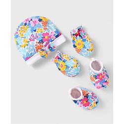 Babyhug 100% Cotton Cap Mittens And Booties Floral Print with Bow Applique Blue & Pink - Diameter 15