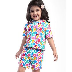 Babyhug Single Jersey Knit Half Sleeves Hooded T-Shirt & Shorts Set with Floral Print - White