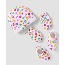 Babyhug 100% Cotton Cap Mittens And Booties Floral Print with Bow Applique lavender - Diameter 13