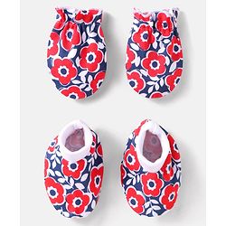 Babyhug 100% Cotton Knit Mittens & Booties with Floral Print - Red