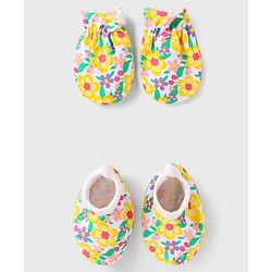 Babyhug 100% Cotton Knit Mittens & Booties with Floral Print - Yellow White