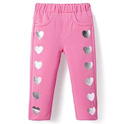 Babyhug Cotton Lycra Knit Full Length Jeggings with Hearts Foil Print - Pink