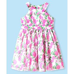 Babyhug Rayon Woven Sleeveless Frock With Floral Print - White & Pink
