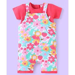 Babyhug Single Jersey Knit Floral Printed Dungaree Style Romper with Half Sleeves Text Printed Top - Red