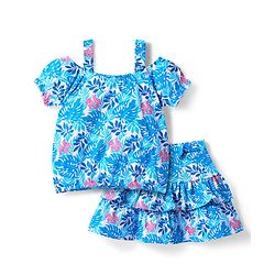 Babyhug Single Jersey Cold Shoulder Top & Skirt Co -Ord Set With Floral Print - Blue