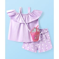 Babyhug Single Jersey Knit Sleeveless Top & Shorts Set with Polka Dots Print & Sling - Lilac