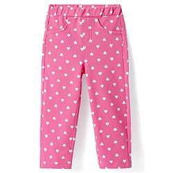 Babyhug Cotton Lycra Knit Full Length Jeggings with Hearts Print - Pink