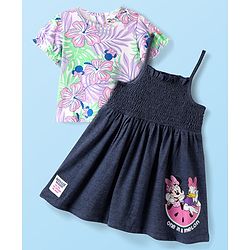 Babyhug Disney Single Jersey Knit Frock with Half Puffed Sleeves Inner Tee & Minnie Mouse Graphics - Navy Blue & White