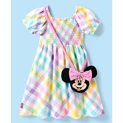 Babyhug Disney Single Jersey Knit Half Puffed Sleeves Checkered Smocked Frock with Sling Bag & Minnie Mouse Graphics - Multicolor