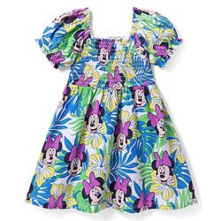 Babyhug Disney Single Jersey Knit Half Puffed Sleeves Frock With Minnie Mouse Print & Smocking Detailing - Multicolor