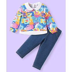 Babyhug Single Jersey Knit Full Sleeves Peter Pan Collared Top & Trouser Set with Tropical Theme Print - Blue