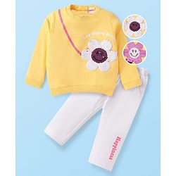 Babyhug Single Jersey Knit Full Sleeves T-Shirt & Pant Set with Reversible Sequin Derailing - Yellow & White