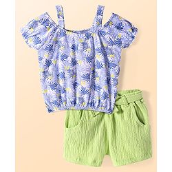 Babyhug Single Jersey Knit Half Cold Shoulder Sleeves Top & Shorts Set With Leaf Print - White & Green