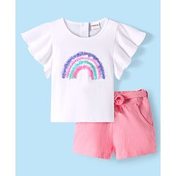 Babyhug Single Jersey Knit Half Flutter Sleeves Top & Shorts Set With Sequin Detailing - White & Pink