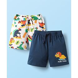 Babyhug Cotton Knit Mid Thigh Shorts With Dino Print Pack of 2 - Navy Blue & White