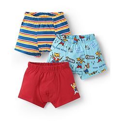 Babyhug 100% Cotton Single Jersey Knit Trunks With Stripes & Tiger Print Pack Of 3 - Red Blue & Light Blue