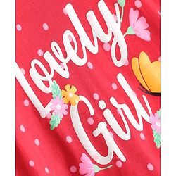 Babyhug Cotton Knit Full Sleeves Nighty with Frill Polka Dot & Lovely Girl Text Print - Red