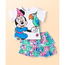 Babyhug Disney Single Jersey Knit Half Sleeves Top & Tiered Skirt Set With Minnie Mouse Graphics & Frill Detailing - White Blue & Green