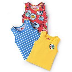Babyhug 100% Cotton Single Jersey Knit Sleeveless Sandos With Stripes & Tiger Print Pack Of 3 - Yellow Blue & Red