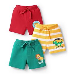 Babyhug Cotton Knit Mid Thigh Shorts with Animal Print & Stripes Pack of 3 - Yellow Red & Green