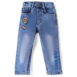 Babyhug Denim Full Length Jeans With Stretch Vehicle Embroidery Patch - Blue