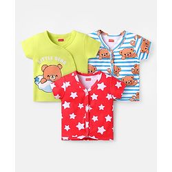 Babyhug 100% Cotton Knit Half Sleeves Front Open Vests With Star & Teddy Print Pack Of 3 - Red & Light Blue