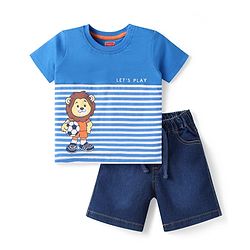 Babyhug Single Jersey Knit Half Sleeves T-Shirt & Denim Shorts Set With Lion Print - Blue