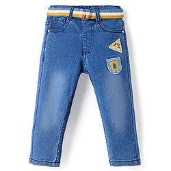 Babyhug Full Length Washed Denim Jeans With Stretch & Tree Patch - Blue