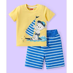 Babyhug Single Jersey Knit Half Sleeves T-Shirt & Striped Shorts Set With Animal Print - Yellow & Blue