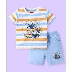Babyhug Single Jersey Knit Half Sleeves Striped T-Shirt & Shorts Set with Beach Theme Print - Light Blue