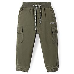 Babyhug Twill Woven Full Length Trouser with Cargo Pocket & Text Print - Olive Green