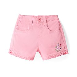 Babyhug Twill Woven Mid Thigh Shorts With Stretch Floral Embroidery & Frill Detailing - Pink