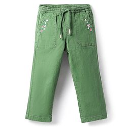 Babyhug Twill Woven Full Length Trouser with Stretch & Floral Embroidery - Green