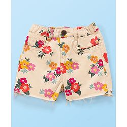 Babyhug Twill Woven Mid Thigh Shorts With Floral Print & Stretch - Off White