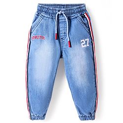 Babyhug Full Length Washed Denim Joggers With Stretch & Text Embroidery - Light Blue