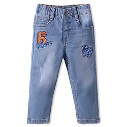 Babyhug Full Length Washed Denim Jeans with Text Embroidery - Blue