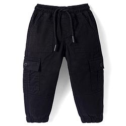 Babyhug Poplin Woven Full Length Solid Trouser With Cargo Pockets - Black