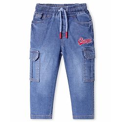 Babyhug Denim Full Length Washed Jeans with Stretch & Text Embroidery - Blue